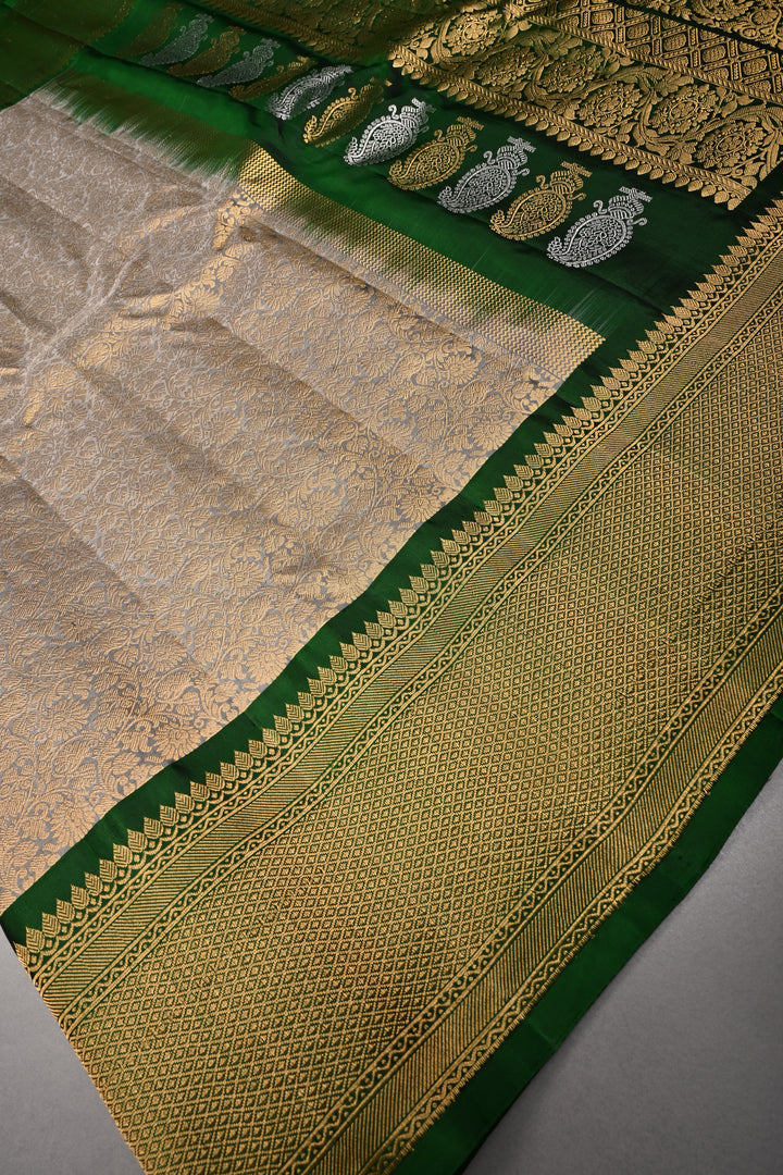 Gray Pure Gadwal Silk Saree with Zari Brocade Jaal and Contrast Wide Zari Border | SILK MARK CERTIFIED | SHOBITAM