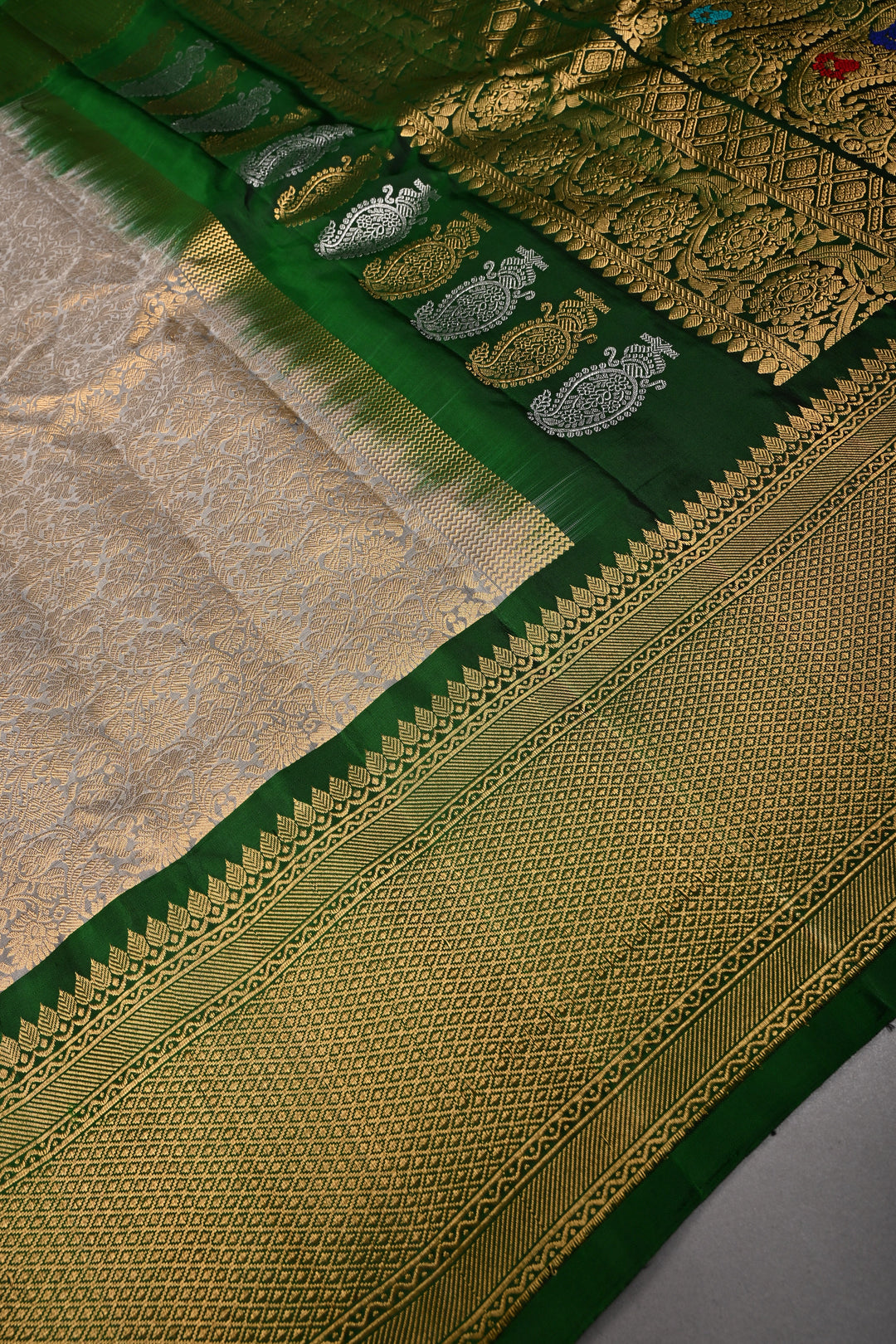 Gray Pure Gadwal Silk Saree with Zari Brocade Jaal and Contrast Wide Zari Border | SILK MARK CERTIFIED | SHOBITAM