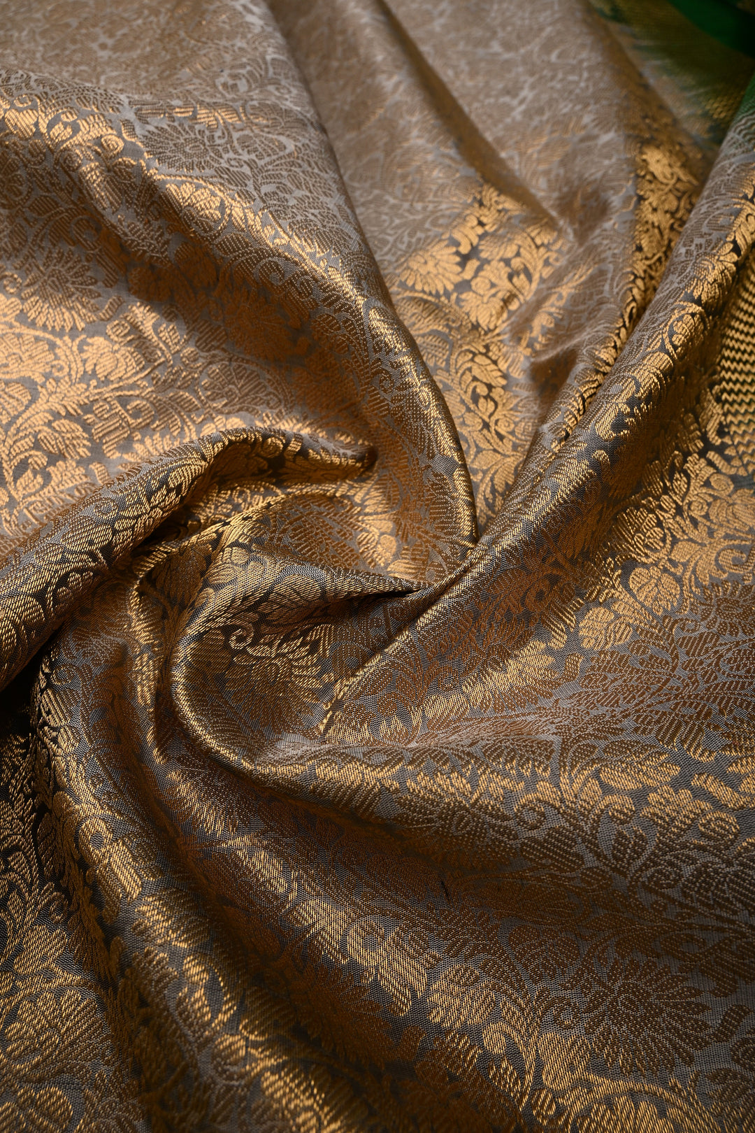Gray Pure Gadwal Silk Saree with Zari Brocade Jaal and Contrast Wide Zari Border | SILK MARK CERTIFIED | SHOBITAM