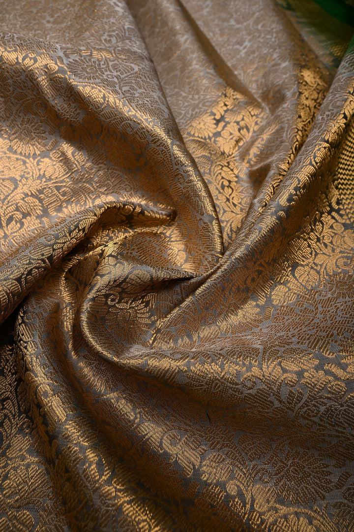 Gray Pure Gadwal Silk Saree with Zari Brocade Jaal and Contrast Wide Zari Border | SILK MARK CERTIFIED | SHOBITAM