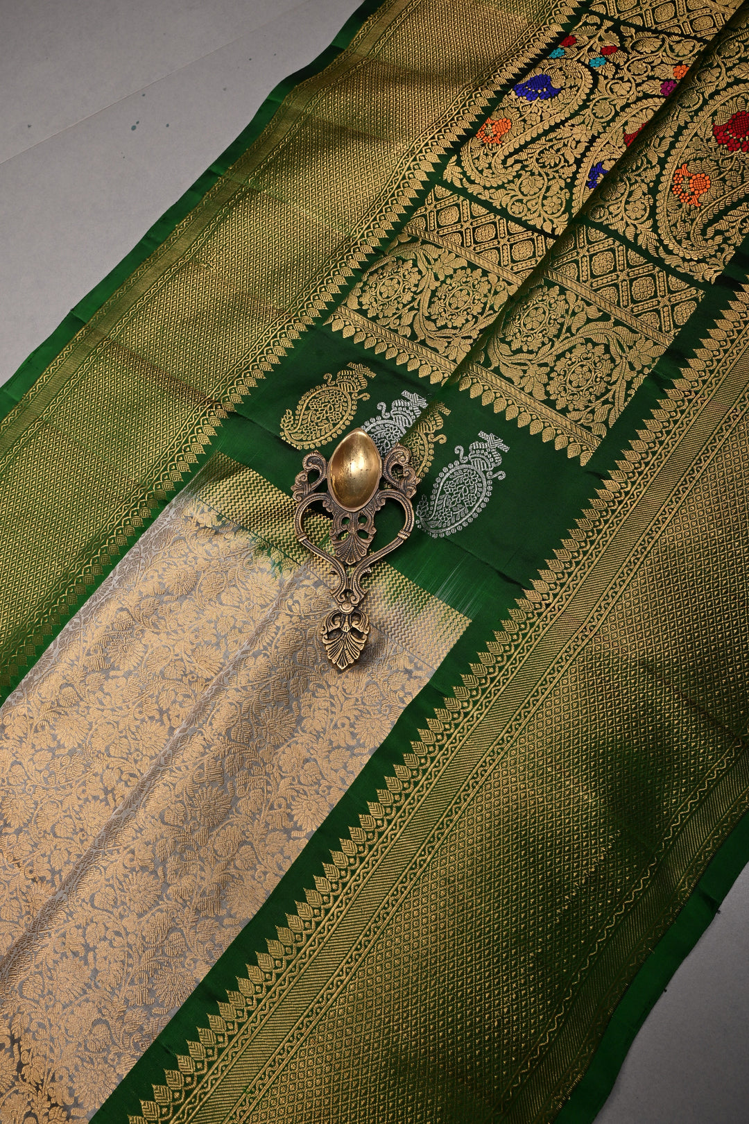 Gray Pure Gadwal Silk Saree with Zari Brocade Jaal and Contrast Wide Zari Border | SILK MARK CERTIFIED | SHOBITAM