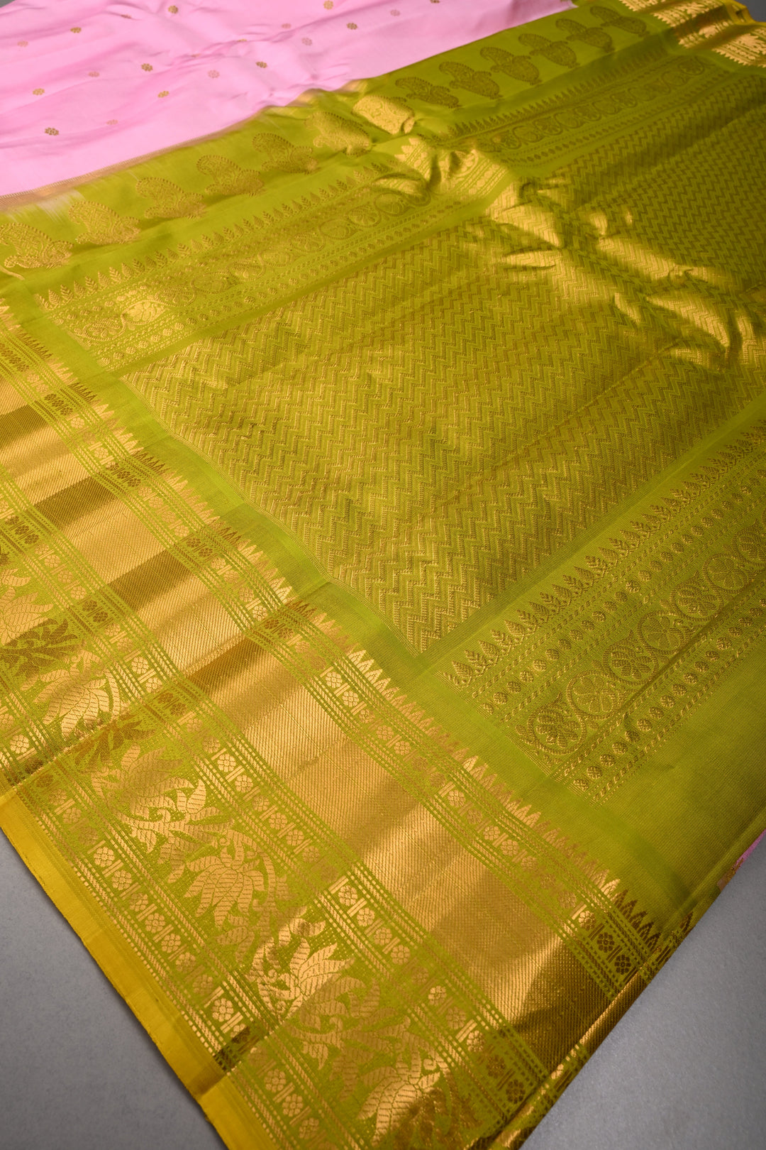 Bubblegum Pink Pure Gadwal Silk Saree with Meenakari Buttas and Contrast Zari Border | SILK MARK CERTIFIED | SHOBITAM