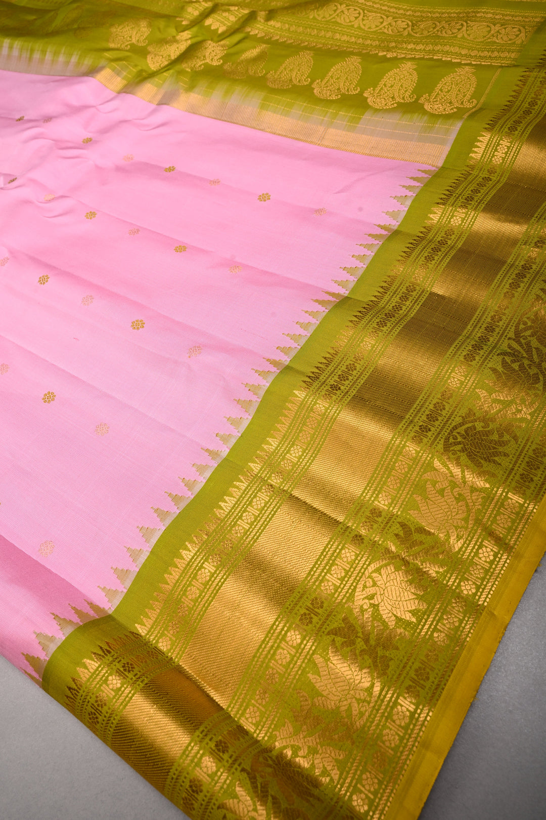 Bubblegum Pink Pure Gadwal Silk Saree with Meenakari Buttas and Contrast Zari Border | SILK MARK CERTIFIED | SHOBITAM
