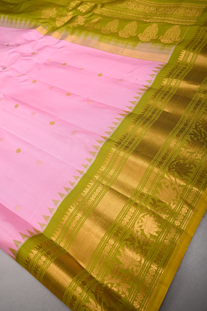 Bubblegum Pink Pure Gadwal Silk Saree with Meenakari Buttas and Contrast Zari Border | SILK MARK CERTIFIED | SHOBITAM