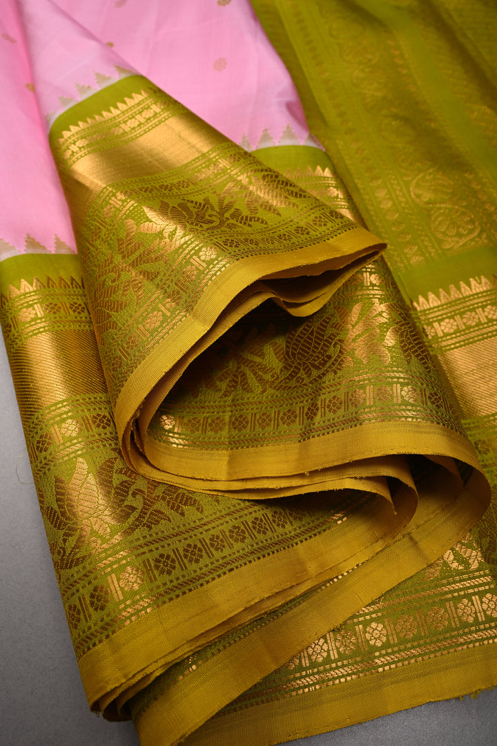 Bubblegum Pink Pure Gadwal Silk Saree with Meenakari Buttas and Contrast Zari Border | SILK MARK CERTIFIED | SHOBITAM