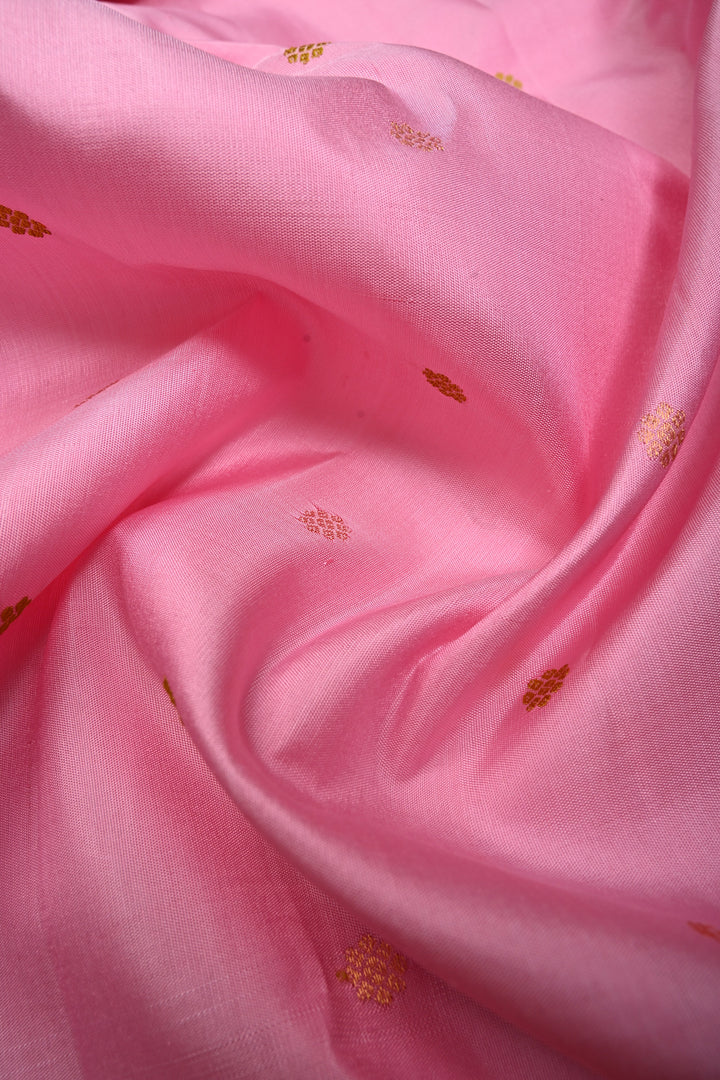 Bubblegum Pink Pure Gadwal Silk Saree with Meenakari Buttas and Contrast Zari Border | SILK MARK CERTIFIED | SHOBITAM