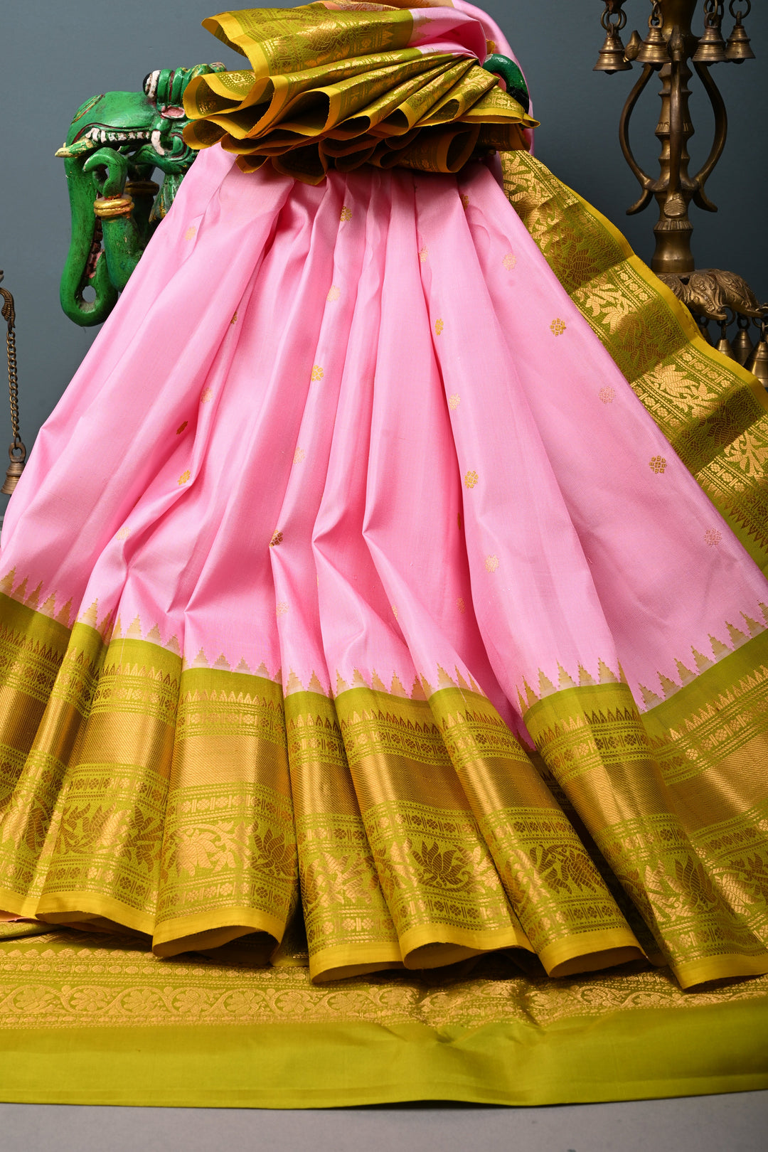 Bubblegum Pink Pure Gadwal Silk Saree with Meenakari Buttas and Contrast Zari Border | SILK MARK CERTIFIED | SHOBITAM