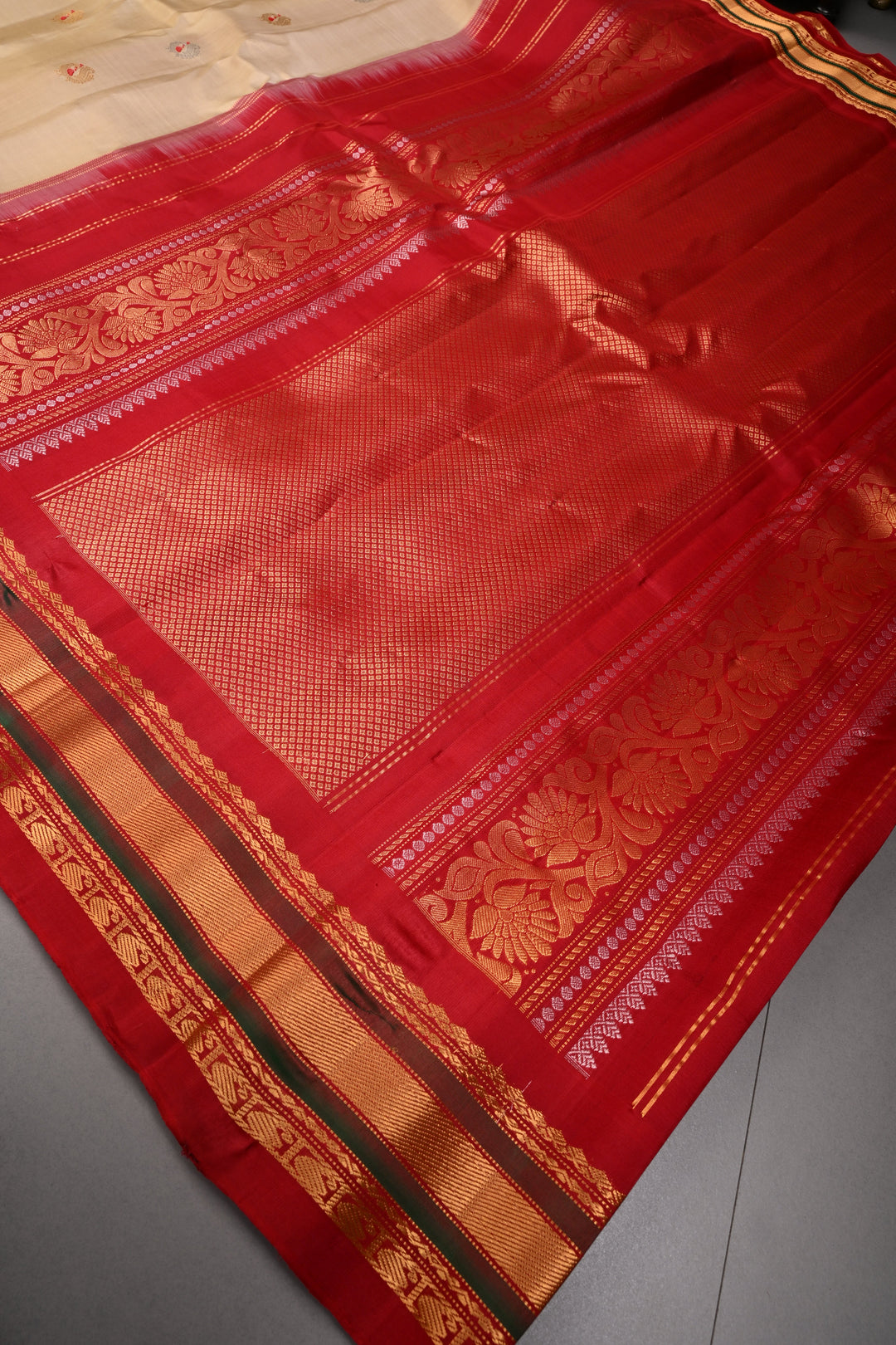 Beige Pure Gadwal Silk Saree with Meenakari Peacock Buttas and Contrast Zari Border | SILK MARK CERTIFIED | SHOBITAM