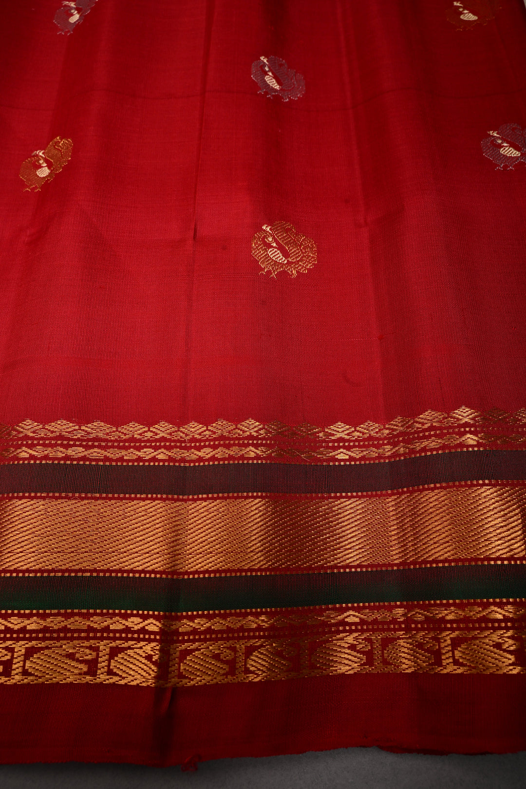 Beige Pure Gadwal Silk Saree with Meenakari Peacock Buttas and Contrast Zari Border | SILK MARK CERTIFIED | SHOBITAM