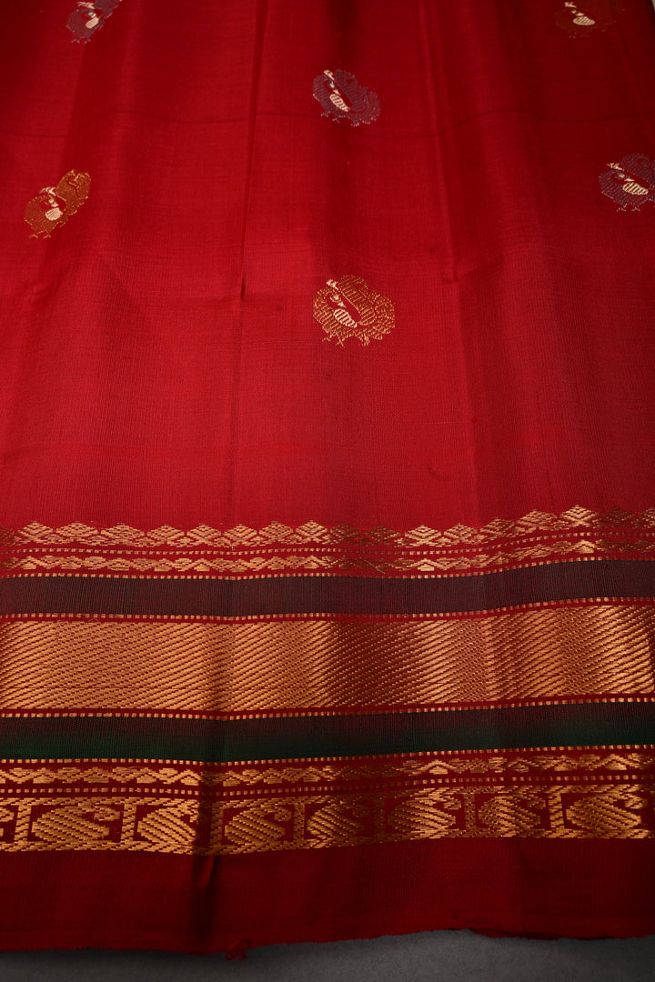Beige Pure Gadwal Silk Saree with Meenakari Peacock Buttas and Contrast Zari Border | SILK MARK CERTIFIED | SHOBITAM