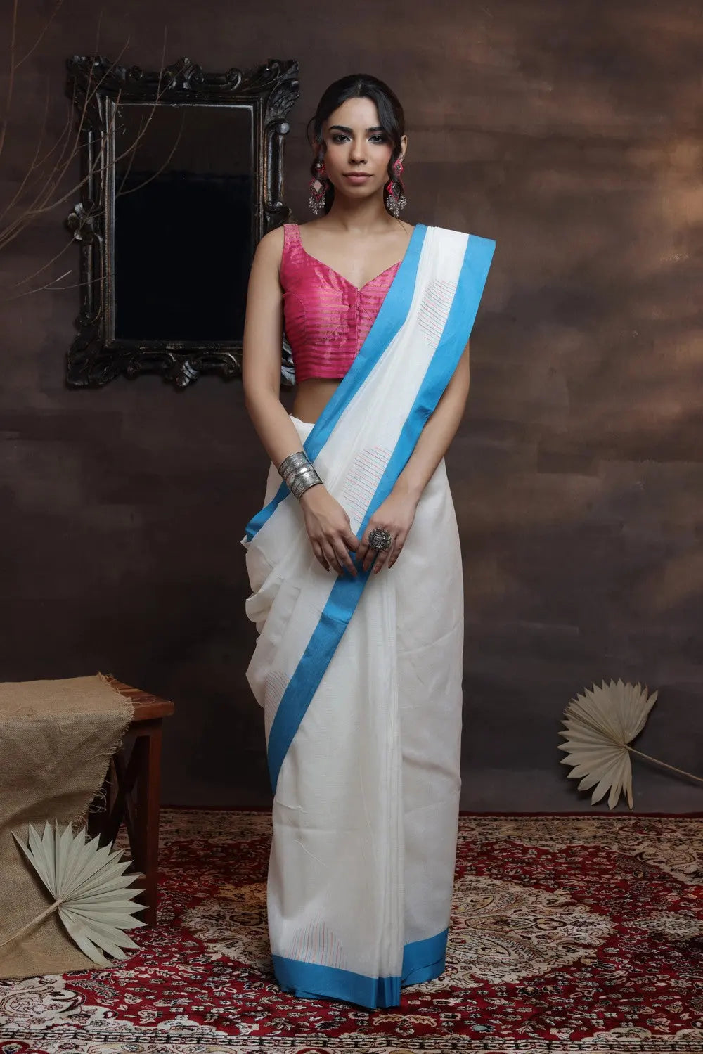 Handloom White Soft Cotton Saree With Blue Border | SHOBITAM