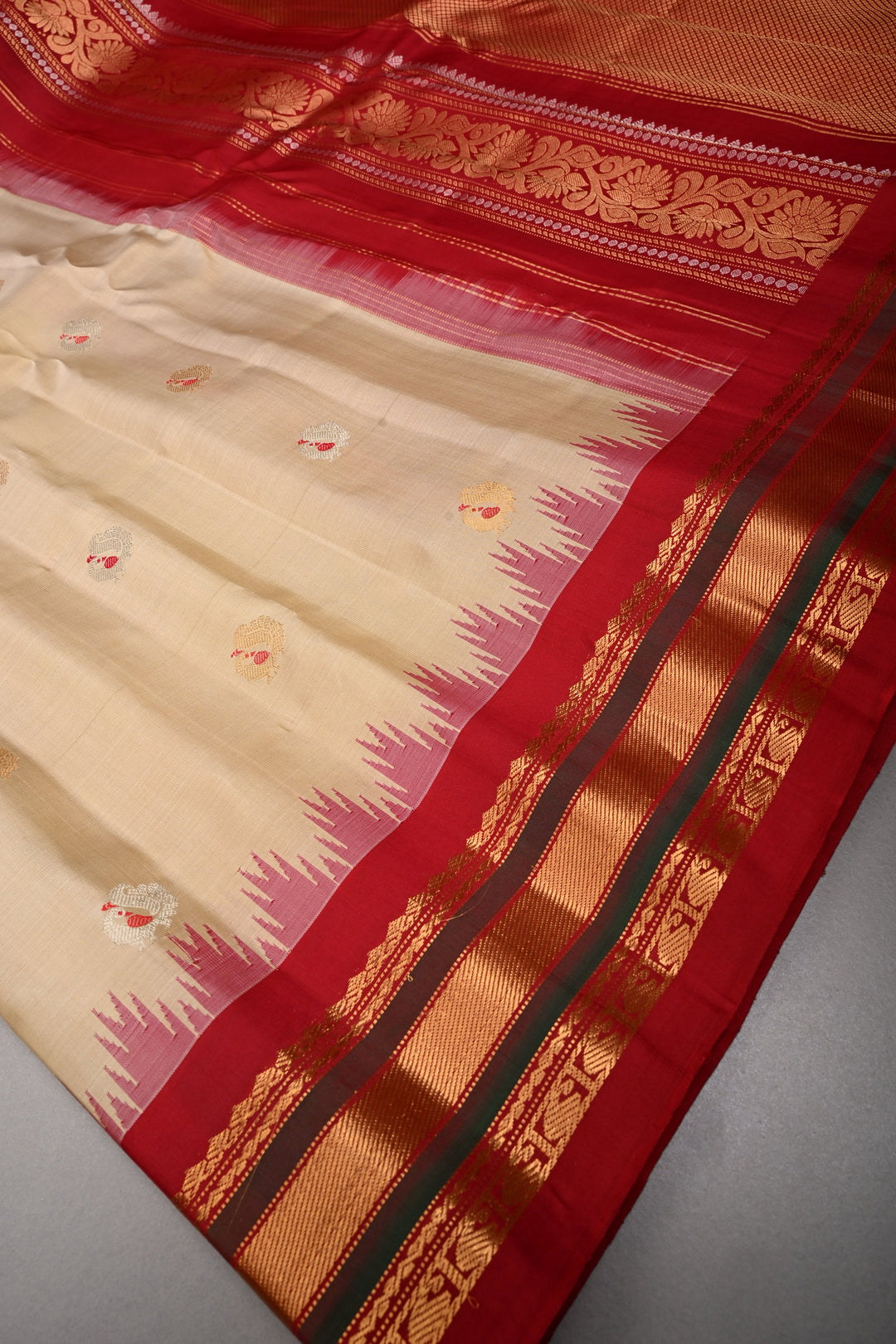 Beige Pure Gadwal Silk Saree with Meenakari Peacock Buttas and Contrast Zari Border | SILK MARK CERTIFIED | SHOBITAM