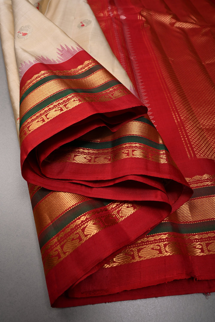 Beige Pure Gadwal Silk Saree with Meenakari Peacock Buttas and Contrast Zari Border | SILK MARK CERTIFIED | SHOBITAM