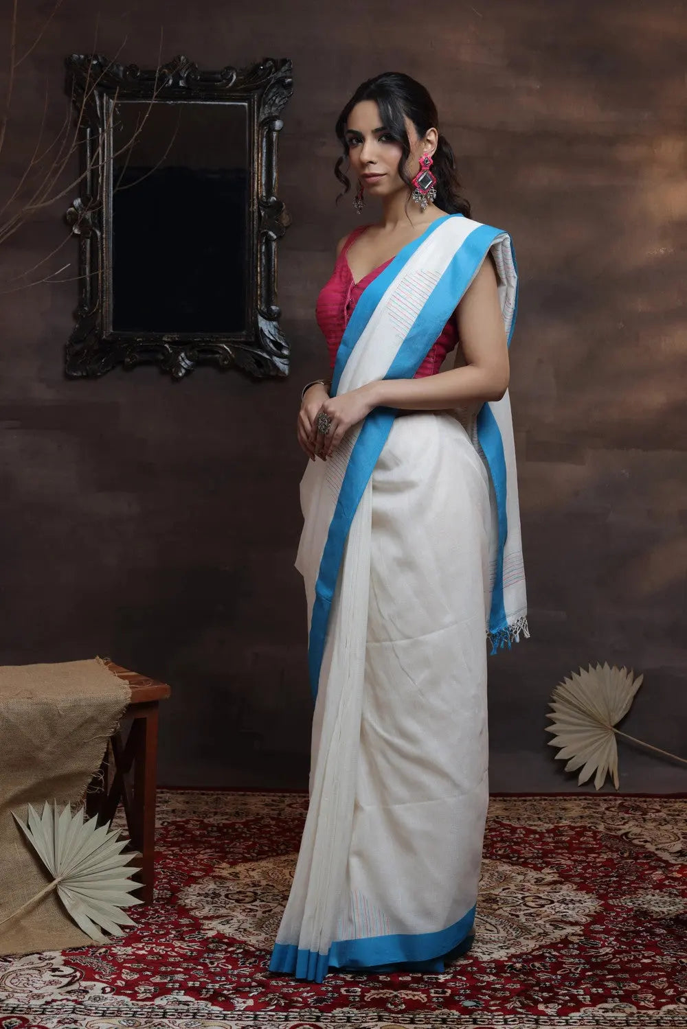 Handloom White Soft Cotton Saree With Blue Border | SHOBITAM