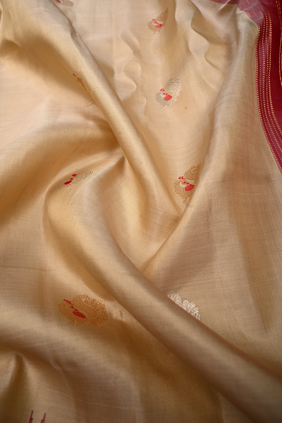 Beige Pure Gadwal Silk Saree with Meenakari Peacock Buttas and Contrast Zari Border | SILK MARK CERTIFIED | SHOBITAM