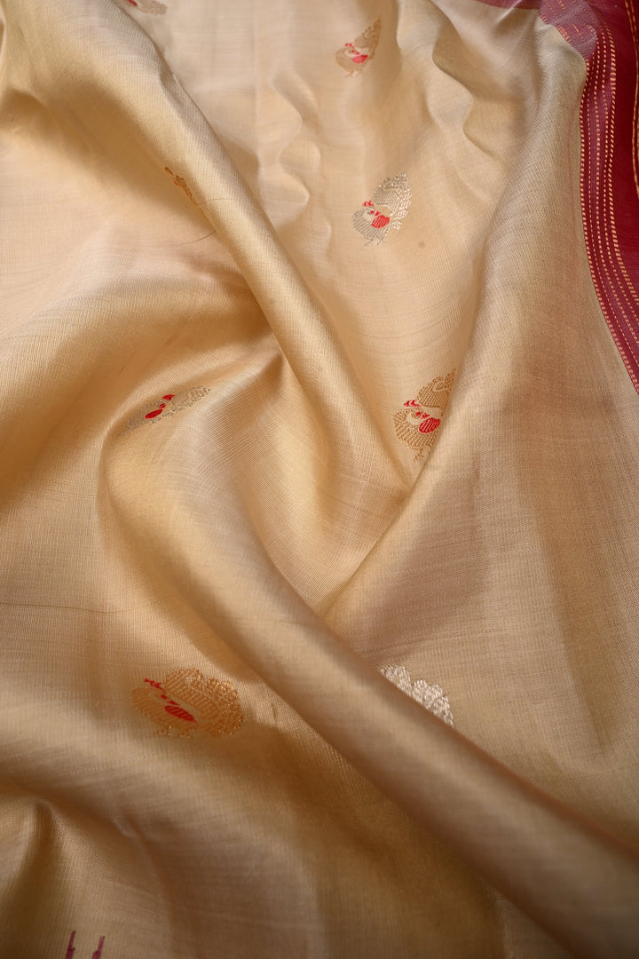 Beige Pure Gadwal Silk Saree with Meenakari Peacock Buttas and Contrast Zari Border | SILK MARK CERTIFIED | SHOBITAM