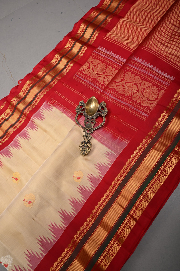 Beige Pure Gadwal Silk Saree with Meenakari Peacock Buttas and Contrast Zari Border | SILK MARK CERTIFIED | SHOBITAM