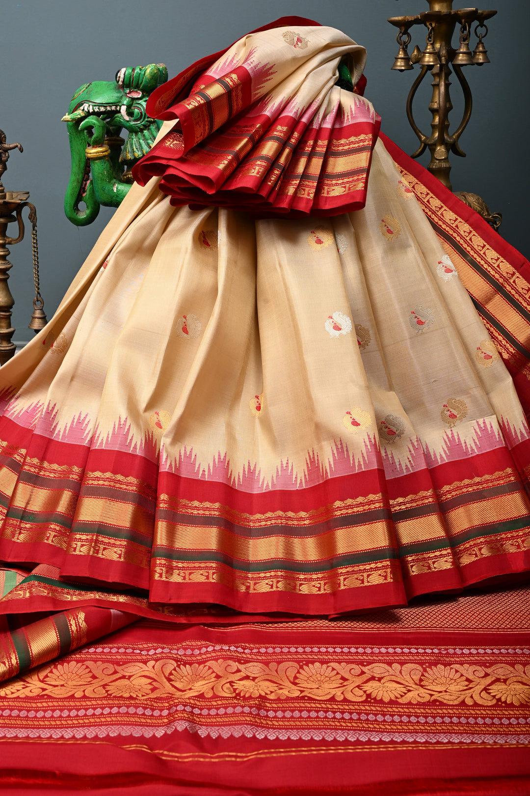Beige Pure Gadwal Silk Saree with Meenakari Peacock Buttas and Contrast Zari Border | SILK MARK CERTIFIED | SHOBITAM