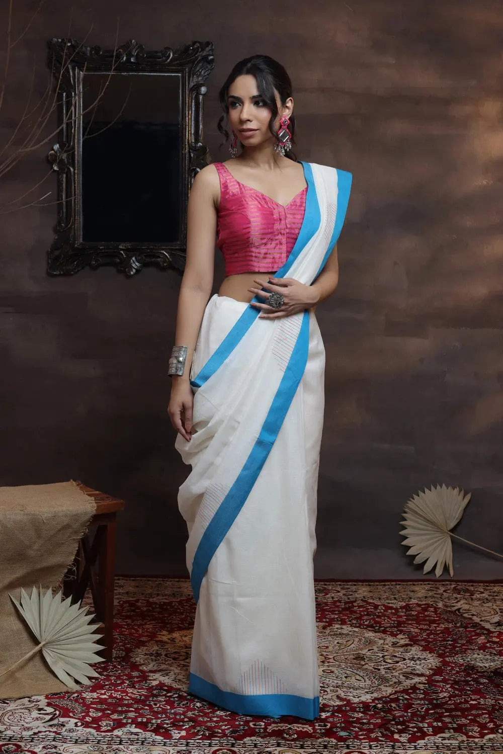 Handloom White Soft Cotton Saree With Blue Border | SHOBITAM