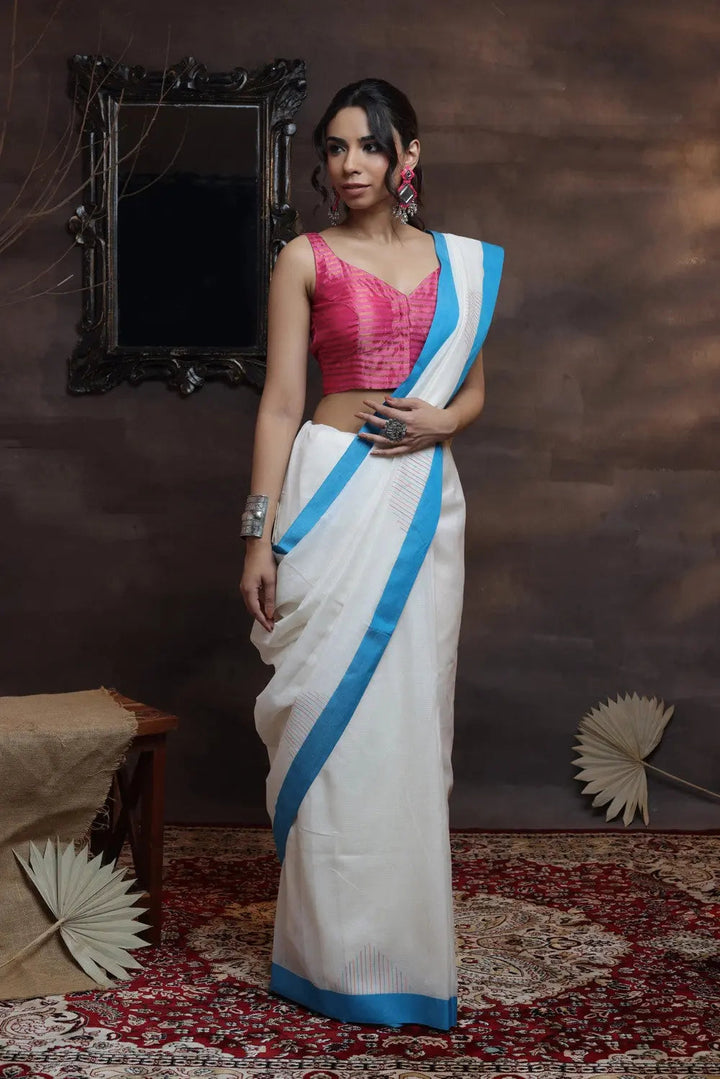 Handloom White Soft Cotton Saree With Blue Border | SHOBITAM