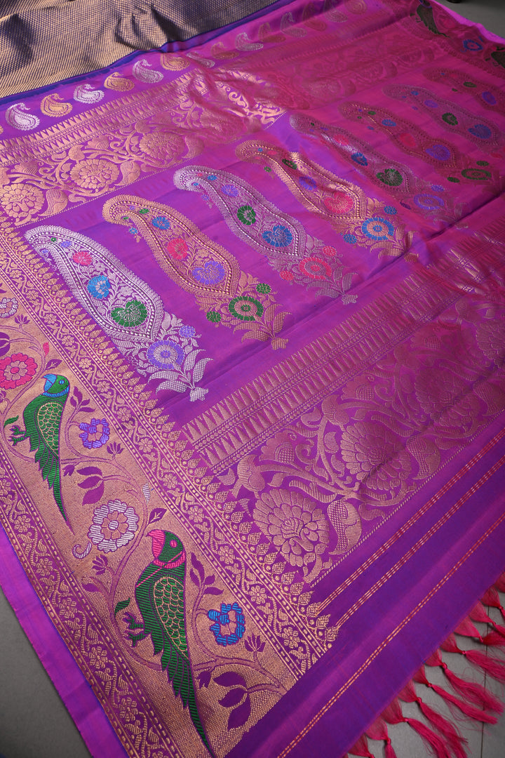 Deep Purple Pure Gadwal Silk Saree with Brocade and Meenakari Paithani Style Zari Border | SILK MARK CERTIFIED | SHOBITAM