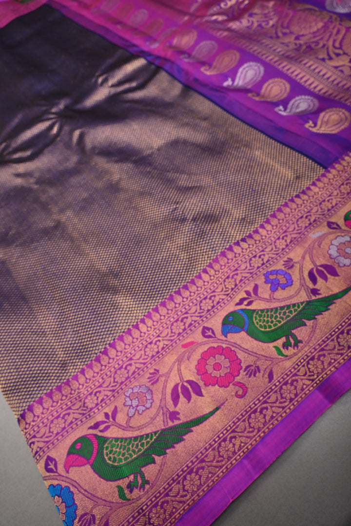 Deep Purple Pure Gadwal Silk Saree with Brocade and Meenakari Paithani Style Zari Border | SILK MARK CERTIFIED | SHOBITAM