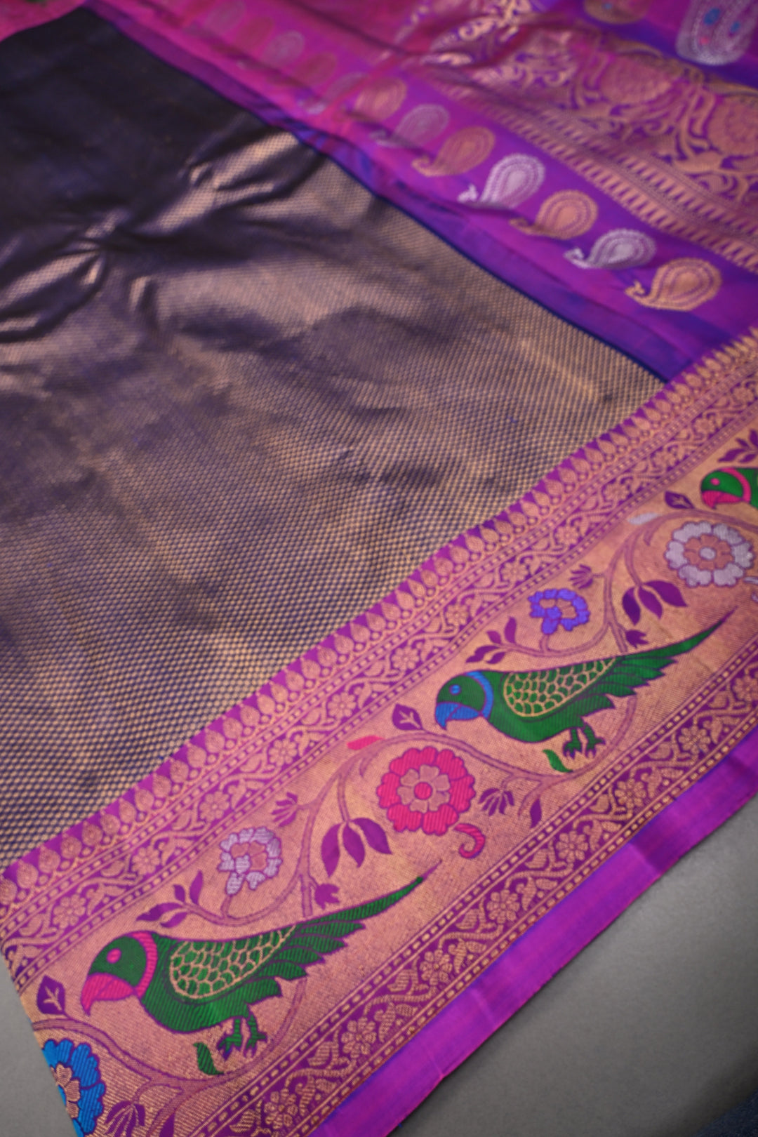 Deep Purple Pure Gadwal Silk Saree with Brocade and Meenakari Paithani Style Zari Border | SILK MARK CERTIFIED | SHOBITAM