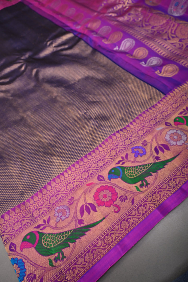 Deep Purple Pure Gadwal Silk Saree with Brocade and Meenakari Paithani Style Zari Border | SILK MARK CERTIFIED | SHOBITAM