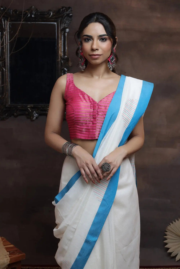 Handloom White Soft Cotton Saree With Blue Border | SHOBITAM