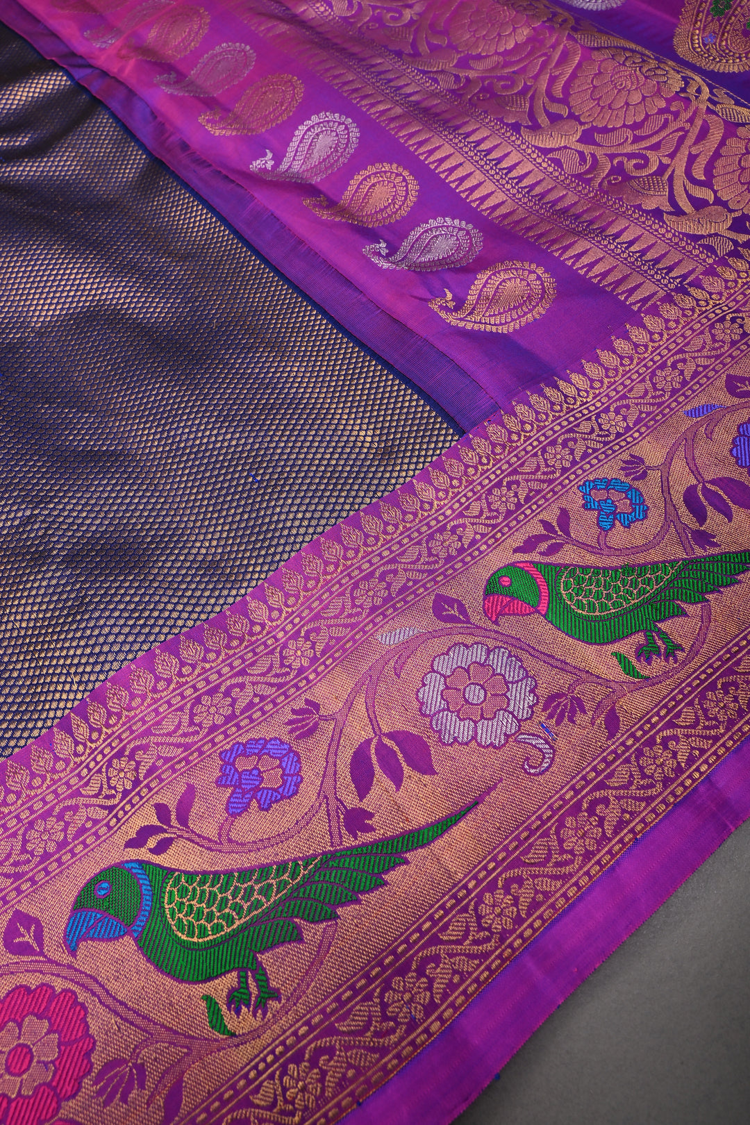 Deep Purple Pure Gadwal Silk Saree with Brocade and Meenakari Paithani Style Zari Border | SILK MARK CERTIFIED | SHOBITAM