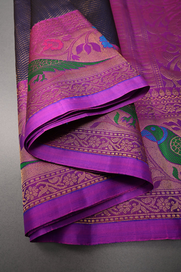 Deep Purple Pure Gadwal Silk Saree with Brocade and Meenakari Paithani Style Zari Border | SILK MARK CERTIFIED | SHOBITAM
