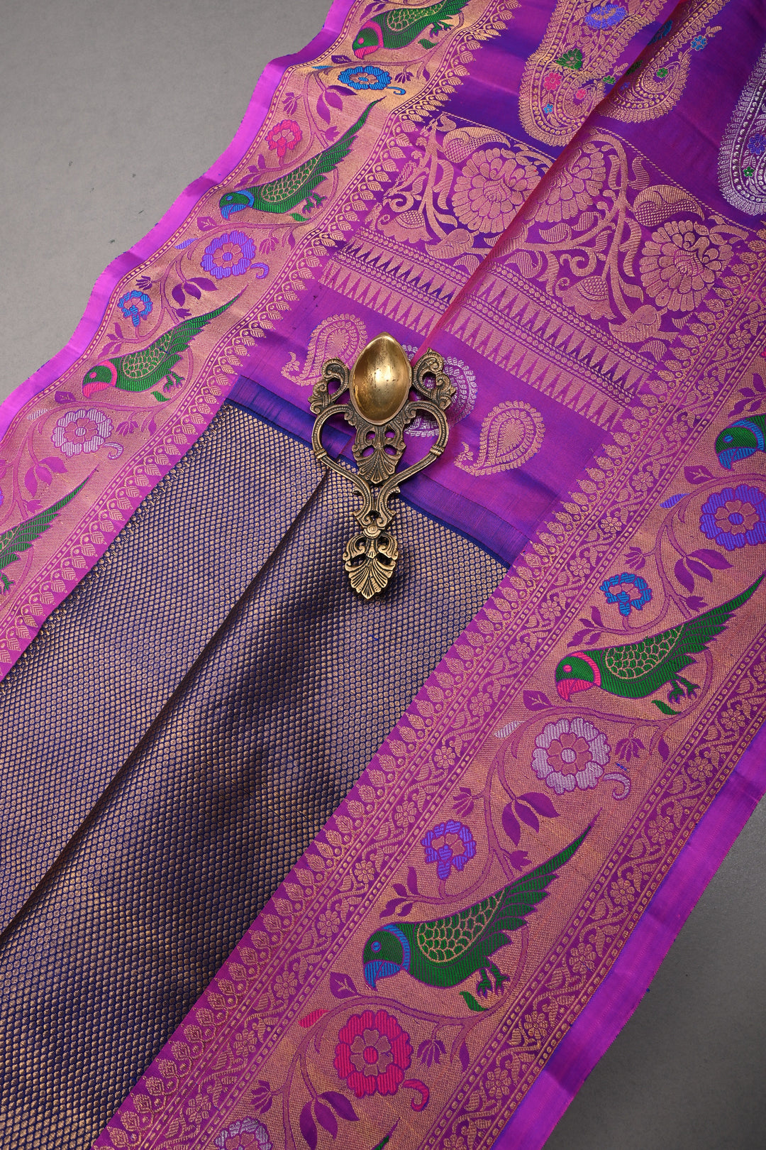 Deep Purple Pure Gadwal Silk Saree with Brocade and Meenakari Paithani Style Zari Border | SILK MARK CERTIFIED | SHOBITAM