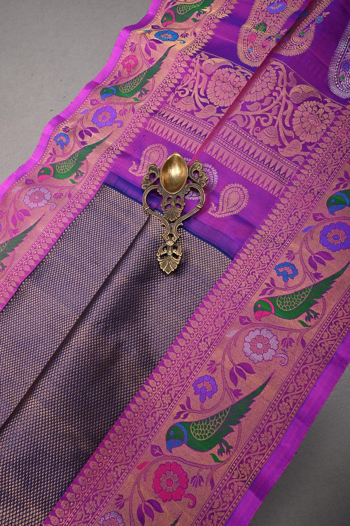Deep Purple Pure Gadwal Silk Saree with Brocade and Meenakari Paithani Style Zari Border | SILK MARK CERTIFIED | SHOBITAM