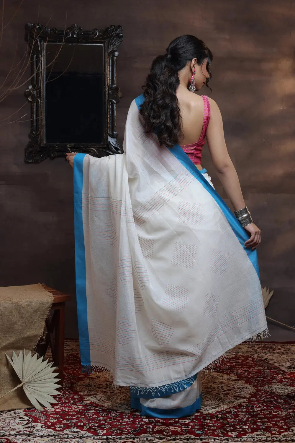 Handloom White Soft Cotton Saree With Blue Border | SHOBITAM