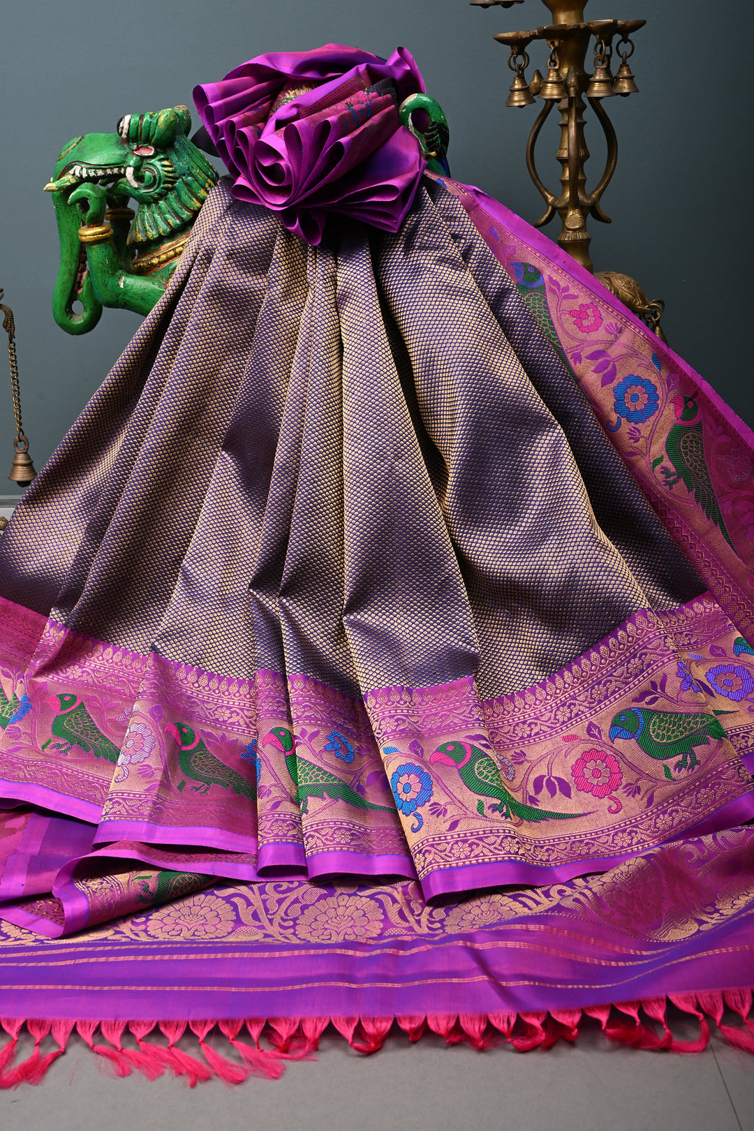 Deep Purple Pure Gadwal Silk Saree with Brocade and Meenakari Paithani Style Zari Border | SILK MARK CERTIFIED | SHOBITAM