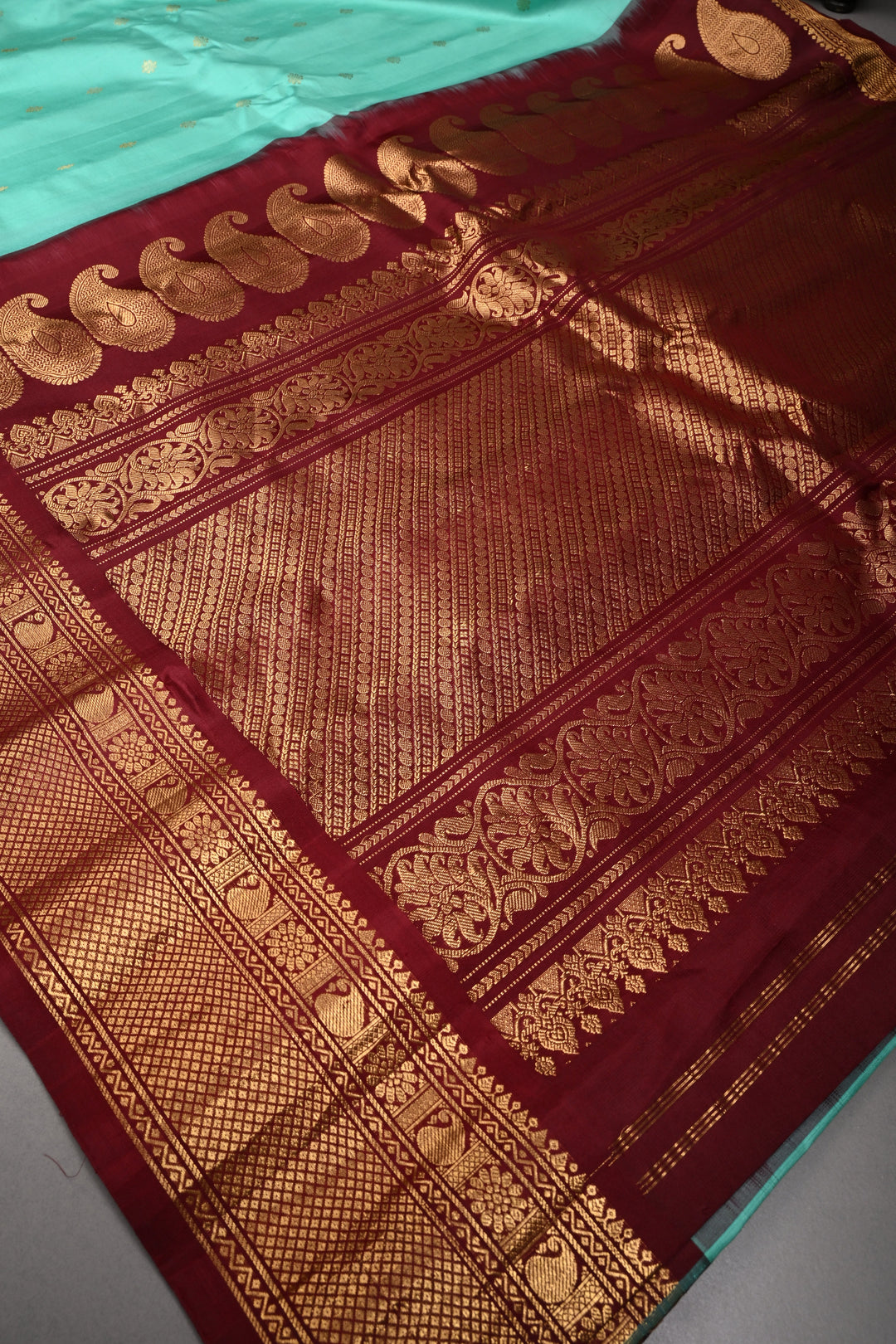 Mint Green Korvai Gadwal silk Saree with Zari Buttas and Contrast Zari Border | SILK MARK CERTIFIED | SHOBITAM