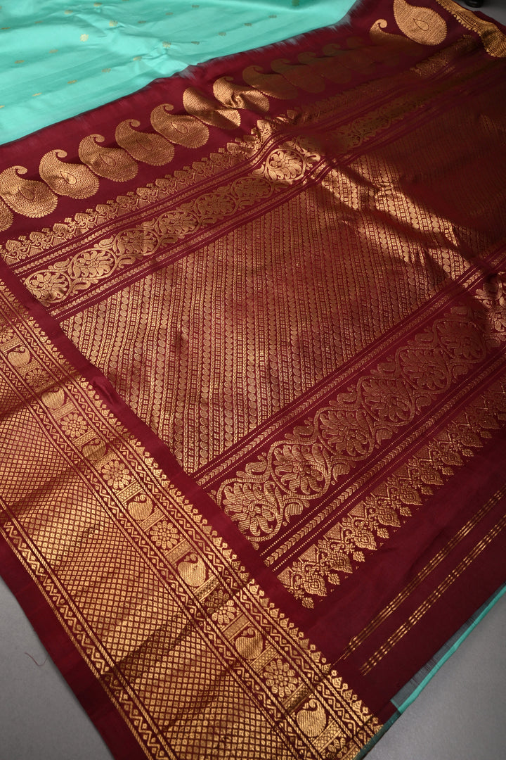 Mint Green Korvai Gadwal silk Saree with Zari Buttas and Contrast Zari Border | SILK MARK CERTIFIED | SHOBITAM