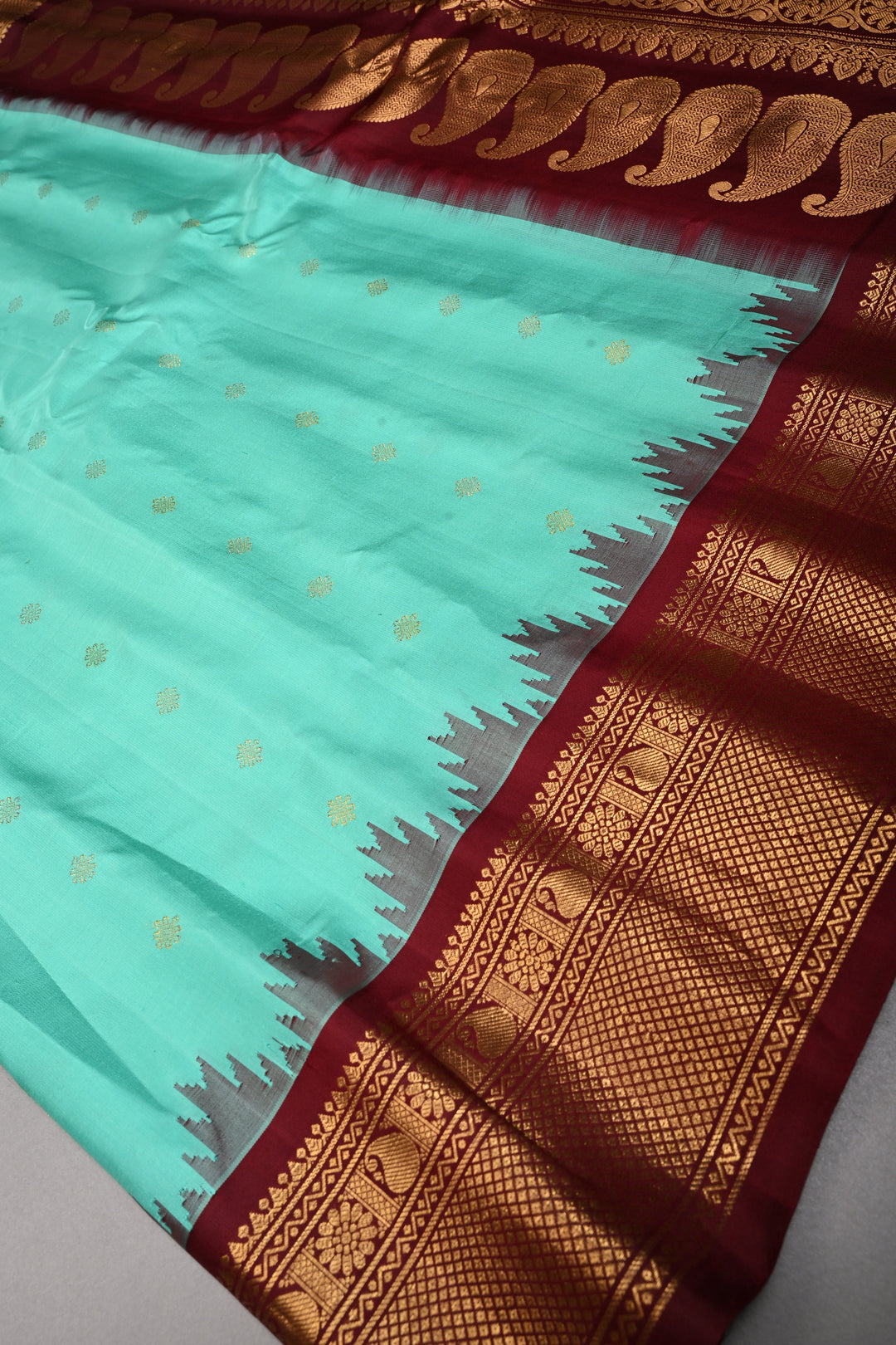 Mint Green Korvai Gadwal silk Saree with Zari Buttas and Contrast Zari Border | SILK MARK CERTIFIED | SHOBITAM