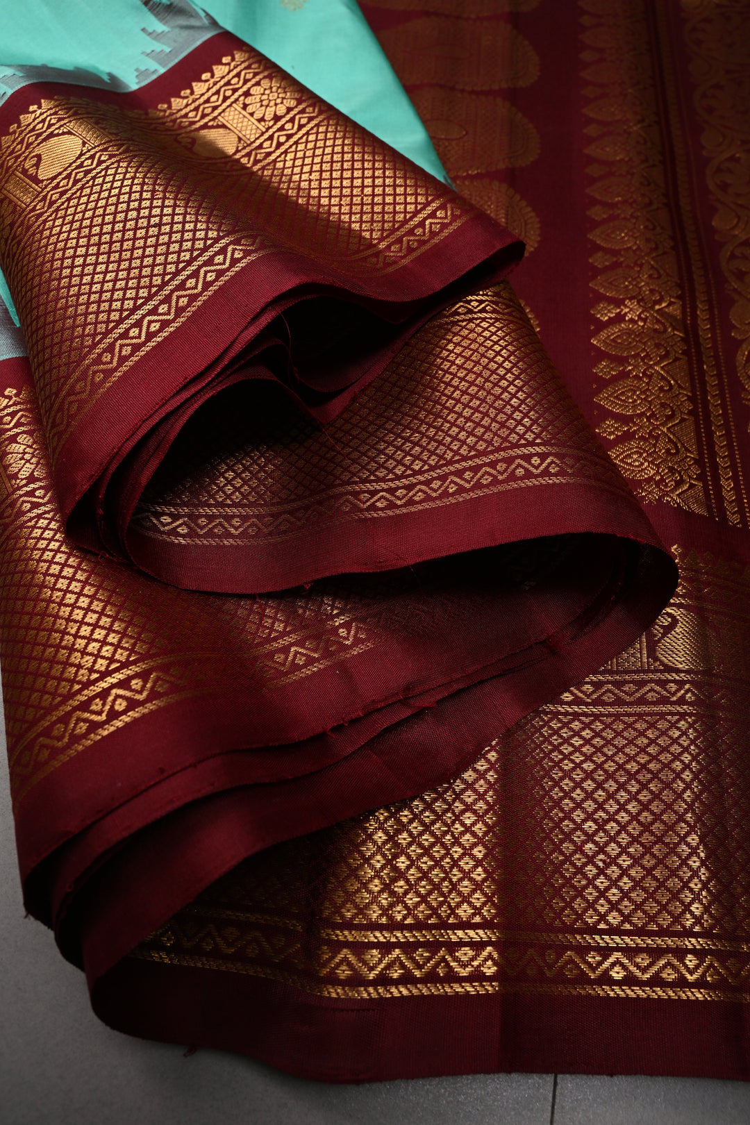 Mint Green Korvai Gadwal silk Saree with Zari Buttas and Contrast Zari Border | SILK MARK CERTIFIED | SHOBITAM