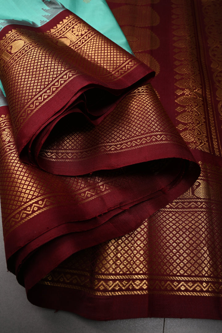 Mint Green Korvai Gadwal silk Saree with Zari Buttas and Contrast Zari Border | SILK MARK CERTIFIED | SHOBITAM