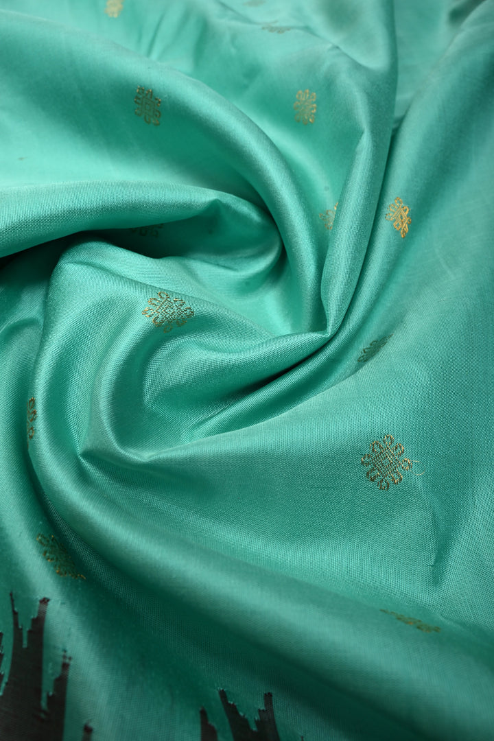Mint Green Korvai Gadwal silk Saree with Zari Buttas and Contrast Zari Border | SILK MARK CERTIFIED | SHOBITAM
