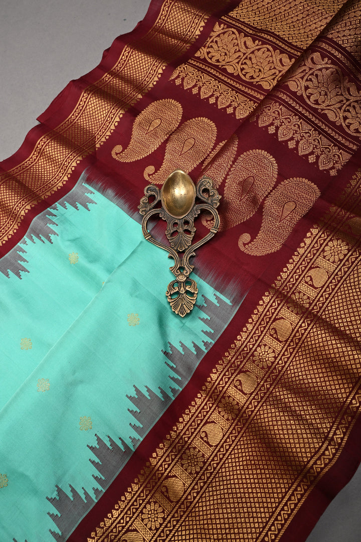 Mint Green Korvai Gadwal silk Saree with Zari Buttas and Contrast Zari Border | SILK MARK CERTIFIED | SHOBITAM