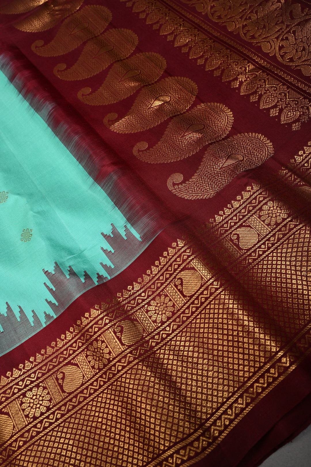 Mint Green Korvai Gadwal silk Saree with Zari Buttas and Contrast Zari Border | SILK MARK CERTIFIED | SHOBITAM