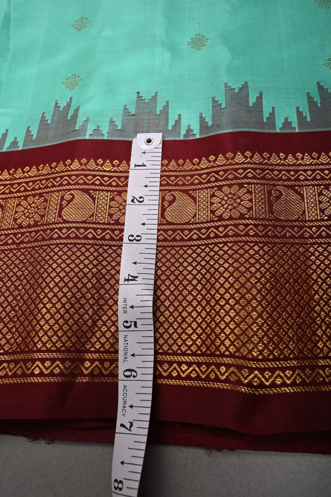 Mint Green Korvai Gadwal silk Saree with Zari Buttas and Contrast Zari Border | SILK MARK CERTIFIED | SHOBITAM