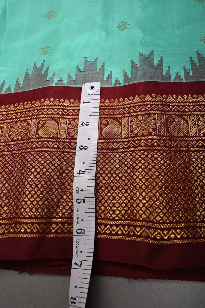 Mint Green Korvai Gadwal silk Saree with Zari Buttas and Contrast Zari Border | SILK MARK CERTIFIED | SHOBITAM