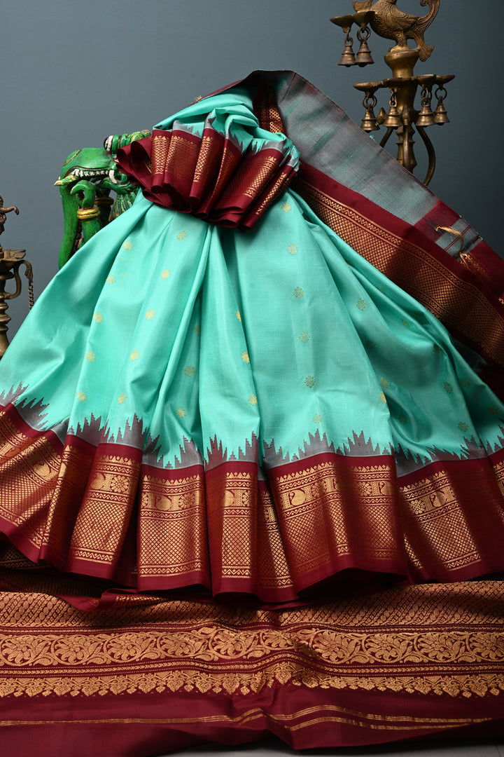 Mint Green Korvai Gadwal silk Saree with Zari Buttas and Contrast Zari Border | SILK MARK CERTIFIED | SHOBITAM