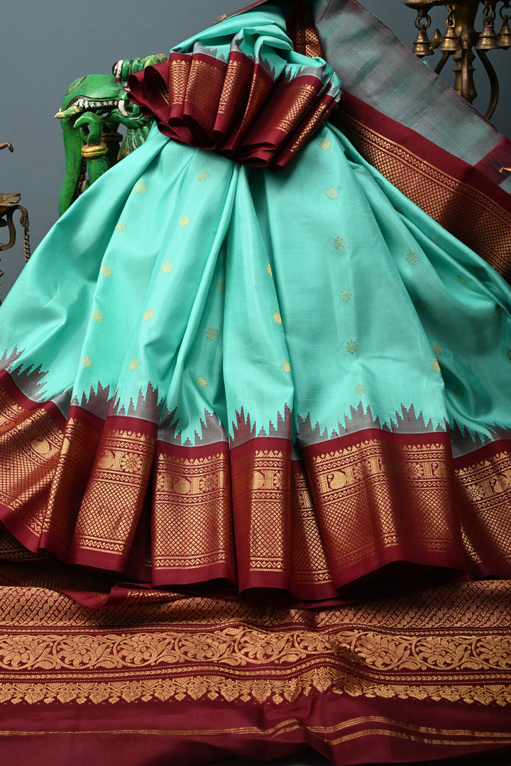 Mint Green Korvai Gadwal silk Saree with Zari Buttas and Contrast Zari Border | SILK MARK CERTIFIED | SHOBITAM
