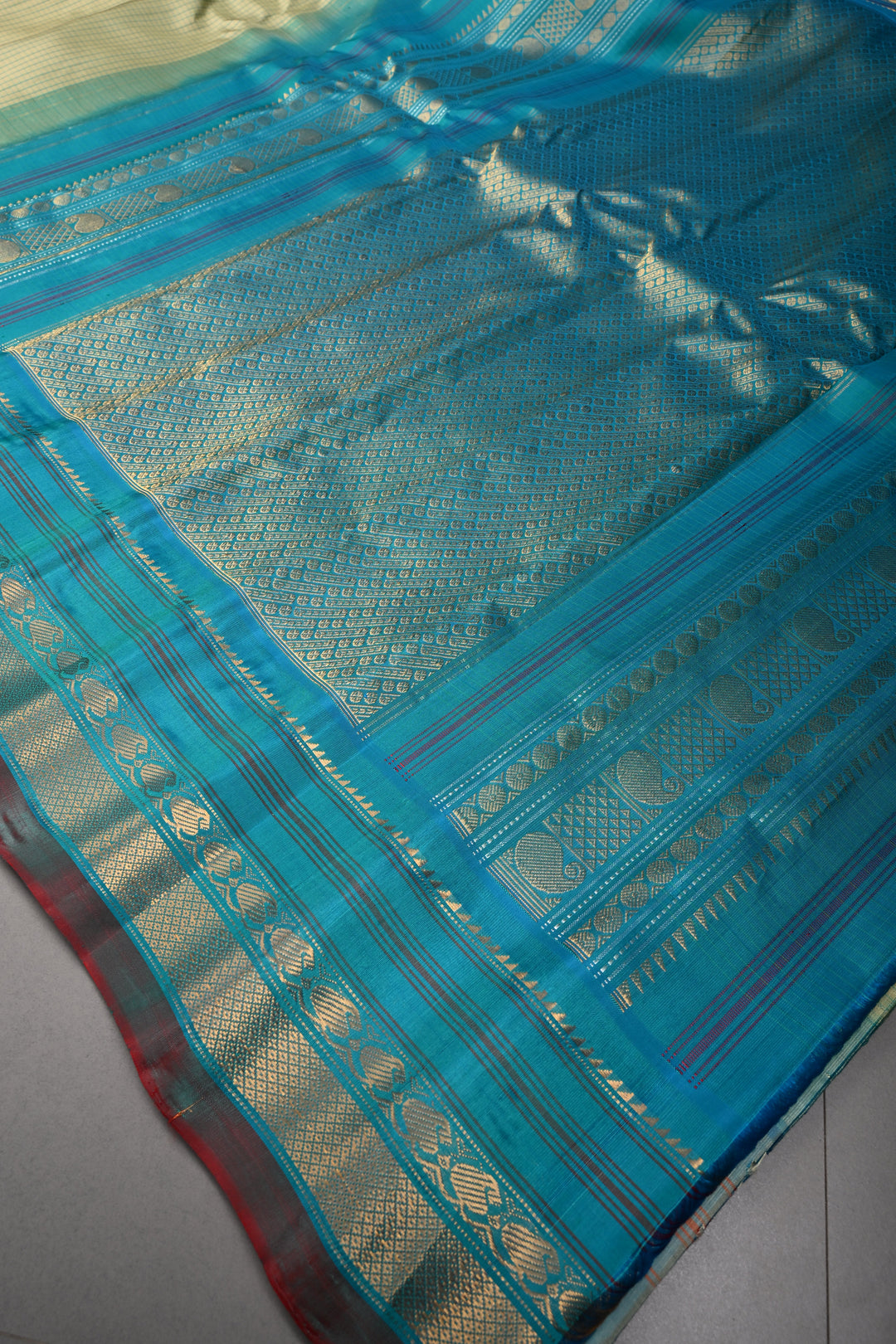 Khaki Green Checks Pattern on Pure Gadwal Silk Saree with Gold-Silver Zari Buttas and Contrast Zari Border | SILK MARK CERTIFIED | SHOBITAM