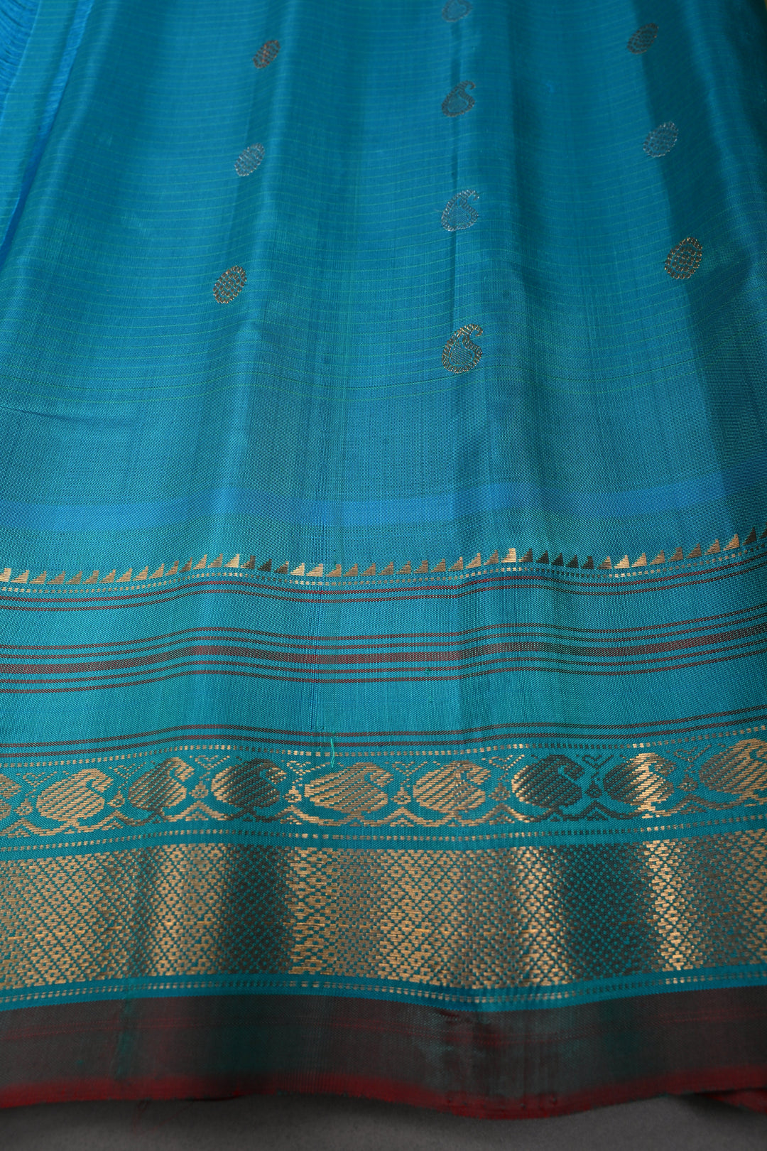 Khaki Green Checks Pattern on Pure Gadwal Silk Saree with Gold-Silver Zari Buttas and Contrast Zari Border | SILK MARK CERTIFIED | SHOBITAM
