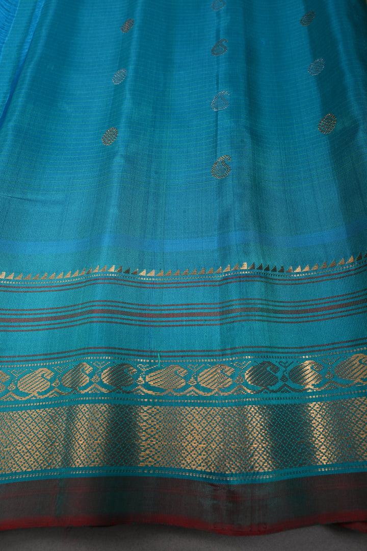 Khaki Green Checks Pattern on Pure Gadwal Silk Saree with Gold-Silver Zari Buttas and Contrast Zari Border | SILK MARK CERTIFIED | SHOBITAM